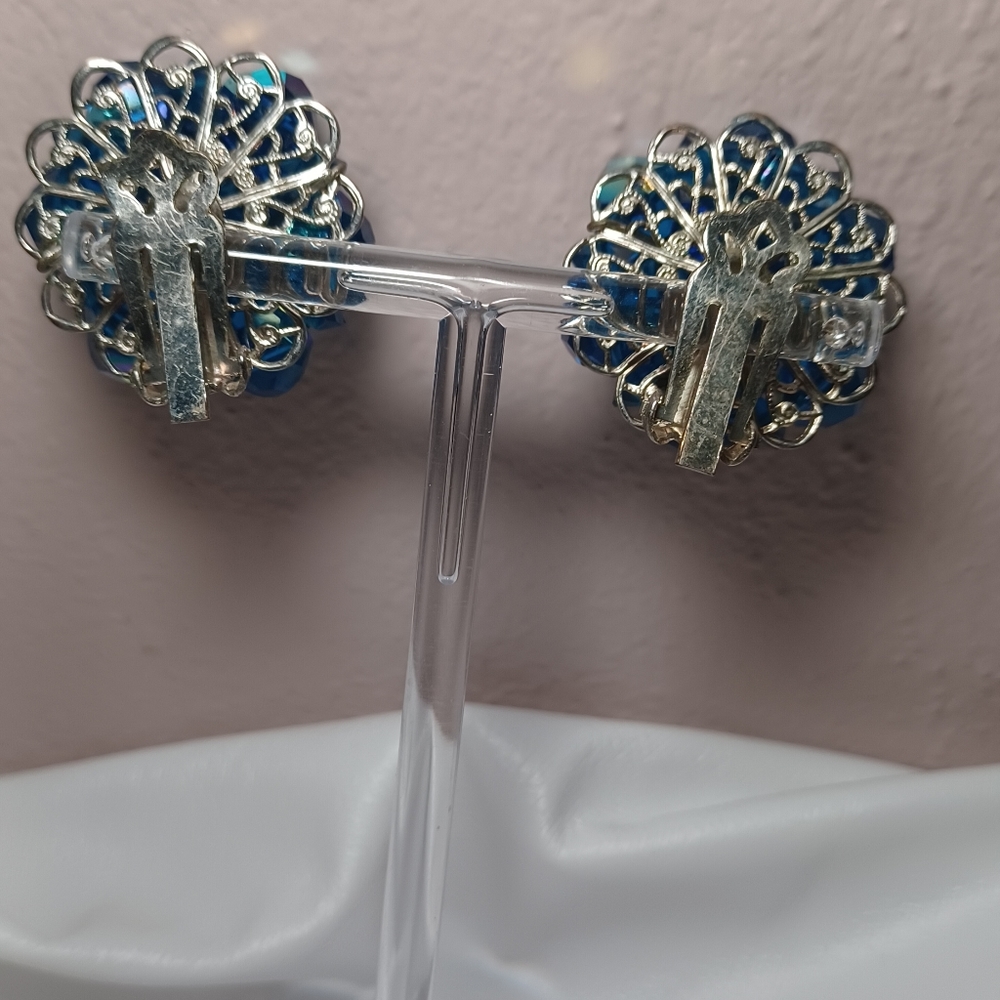 Blue Aurora Borealis Bead Clip Earrings - Picture 4 of 6
